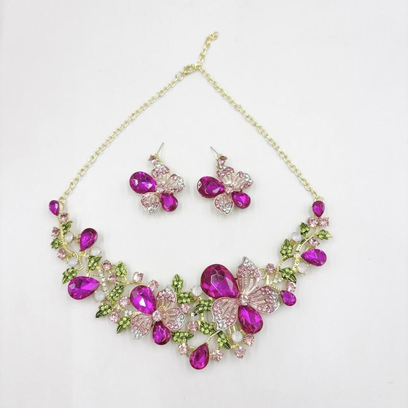 Sparkling Colorful Crystal Gemstone Necklace Earring Set Women Wedding Party Stage Accessory Floral Fashion Jewelry