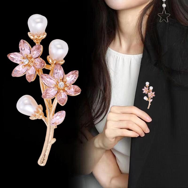 Cherry-Blossom Brooch Rhinestone Simulated Pearl Design Elegant Fashion Accessory for Women Suit Coat Bag
