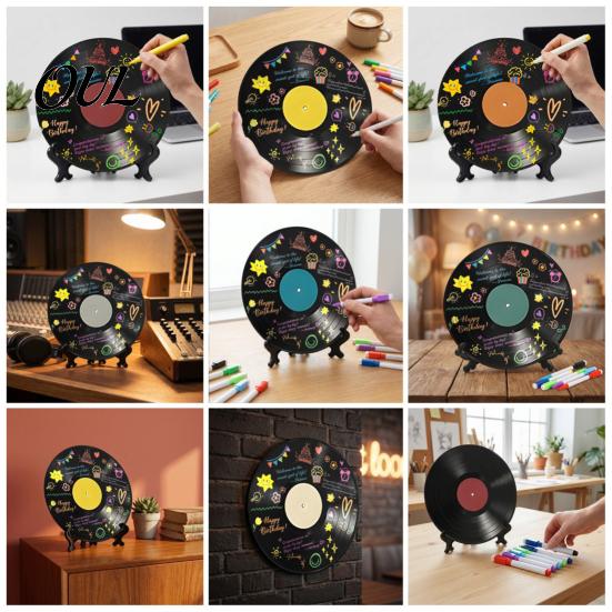 DIY Commemorative Ornaments Vinyl Record Graffiti Clock Ornament, Blank Acrylic Retro Tabletop Wall Creative Craft Projects Decor with Stand, Reusable