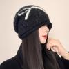 Bow Black Stack Hat Women's Autumn and Winter Warm Knitted Pullover Cold Hat Retro Big Head Circumference Showing Face Small Bag Head Hat