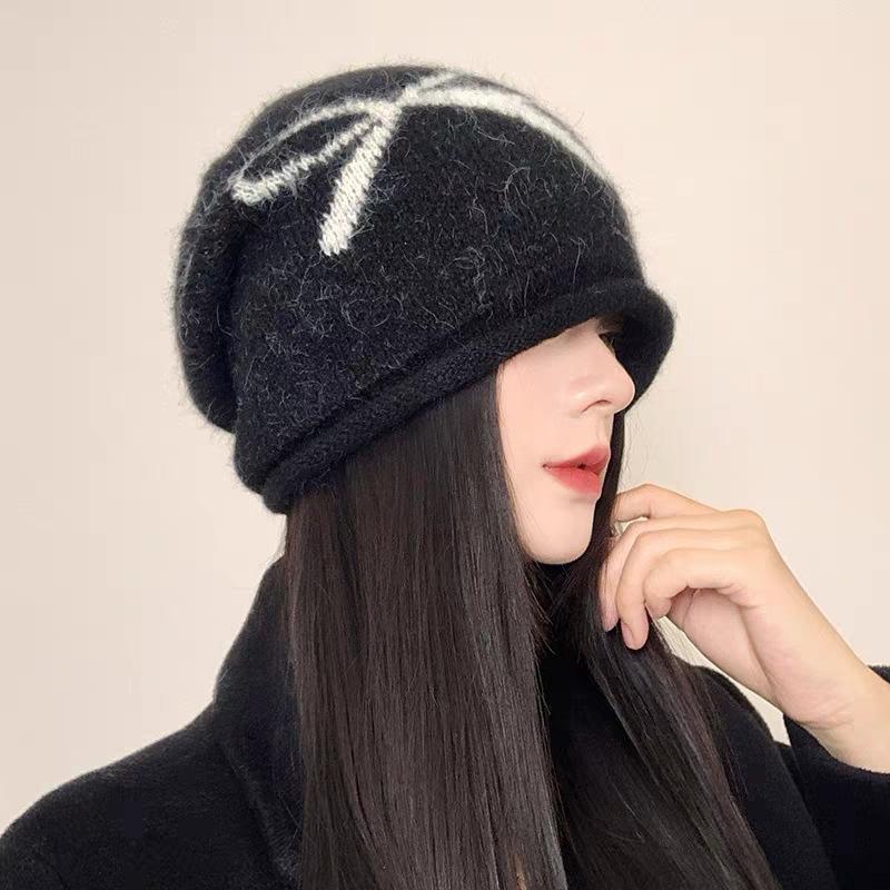 Bow Black Stack Hat Women's Autumn and Winter Warm Knitted Pullover Cold Hat Retro Big Head Circumference Showing Face Small Bag Head Hat