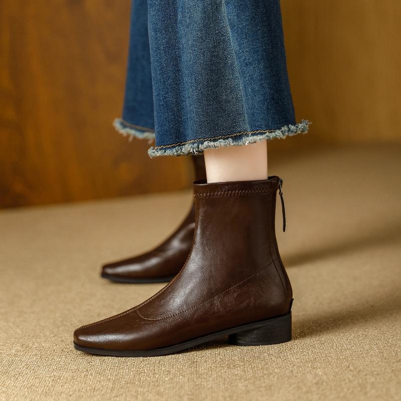 Retro Autumn and Winter New Rear Zipper Martin Boots Women's Thick Heel Versatile Soft Leather Square Head Fashion Elastic Thin Short Boots
