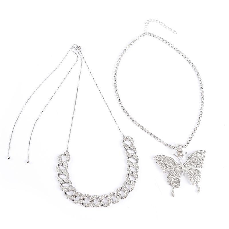 Elegant Accessory Temperament, Full of Rhinestones, Cuban Buckle Accessories for Women, Sweet and Cool, Layered Butterfly Pendant Necklace