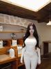 Pure Desire Pink Square Neck Long Sleeve T-Shirt for Women, Winter, Built-in Bra, Ruffled, Slimming Base Layer Top