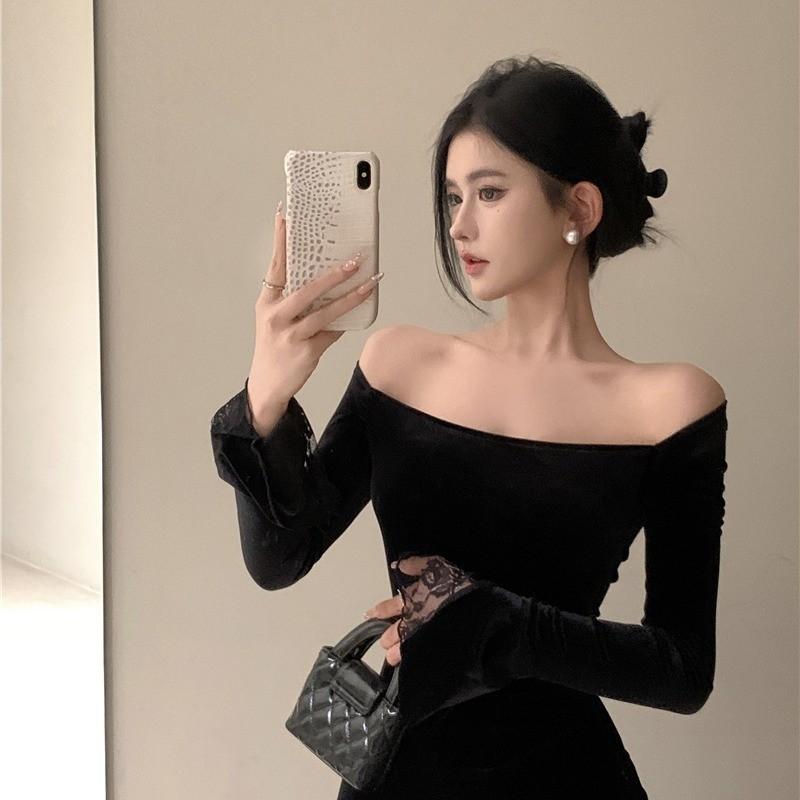 French temperament long-sleeved velvet one-word shoulder dress women's autumn and winter senior sexy hip-wrapped fishtail dress dress