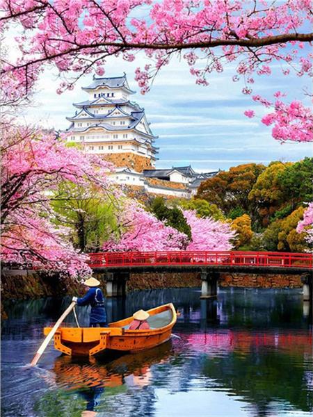 

Полный квадратный круглый комплект для алмазной живописи Цветущая вишня Дерево Сделай Сам Вышивка Мозаика Здание Пейзаж Домашний Декор Full Round 20x30CM