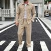 Men's Linen Two-Piece Set with Long Sleeve Shirt and Pants, Turn-Down Collar, Double Pockets, Loose Fit Casual