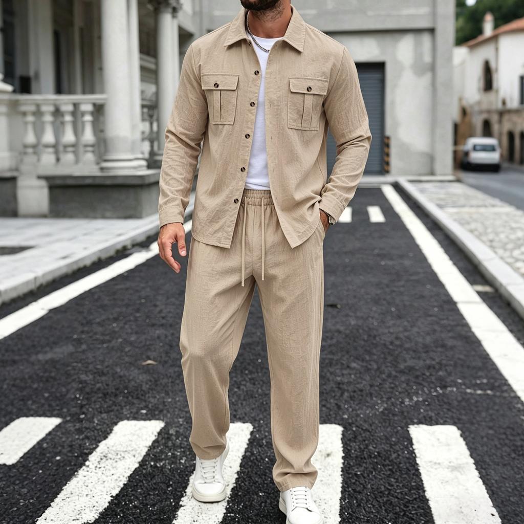 Men's Linen Two-Piece Set with Long Sleeve Shirt and Pants, Turn-Down Collar, Double Pockets, Loose Fit Casual