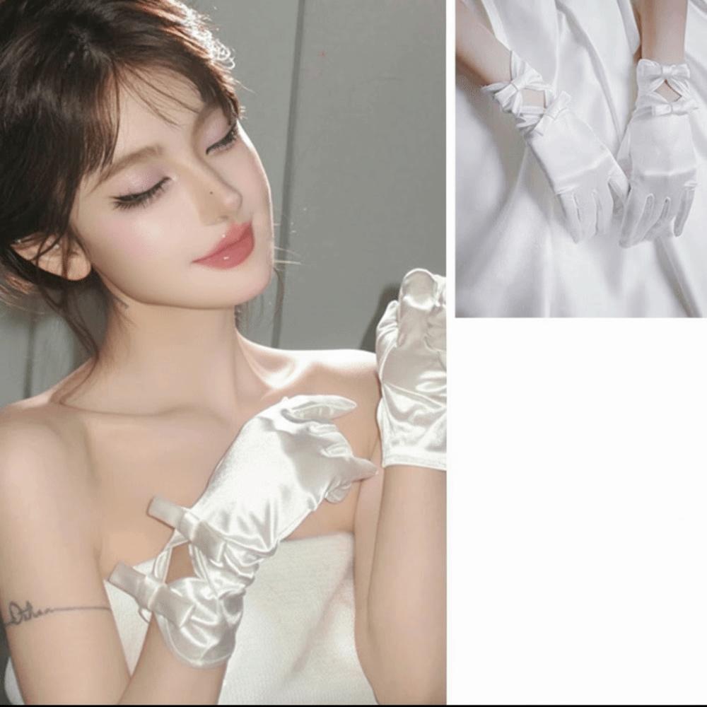White Wedding Bridal Gloves Lace Long Finger Mittens Retro Satin Long Gloves  Women
