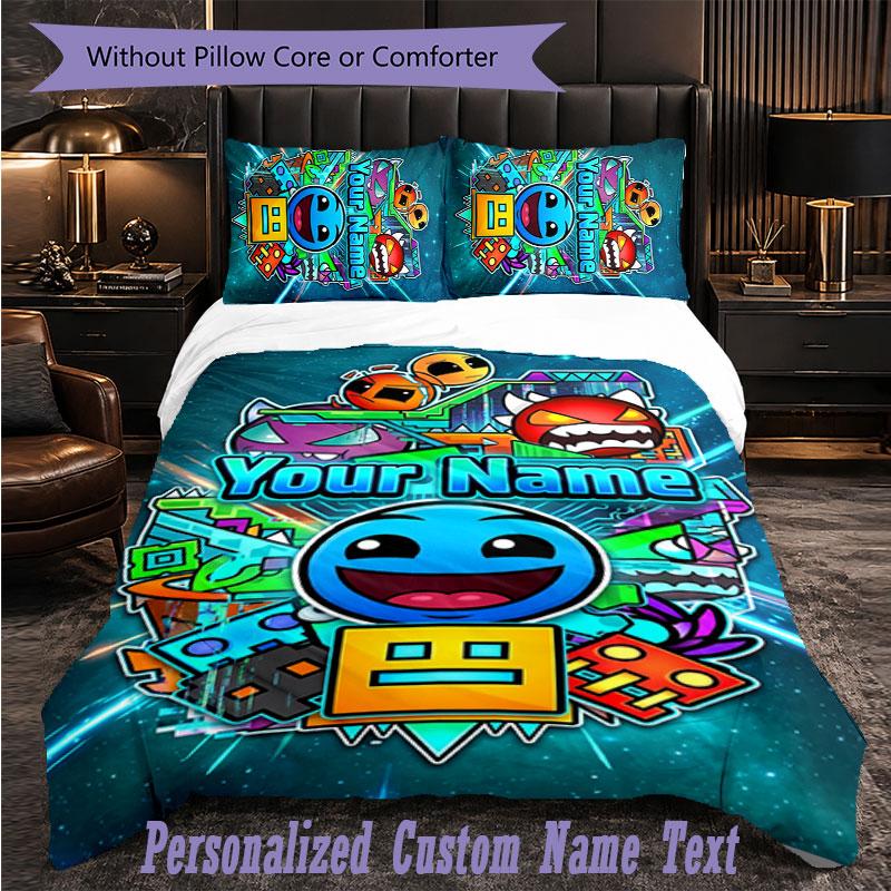 Personalized 3Pcs Bedding SetGeometry Dash Custom Text Duvet Cover Pillowcase Set Bedroom Gift