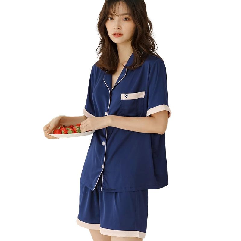 Hot-Selling Women'S Home Pajamas Short-Sleeved Love Embroidery Pocket Lapel Outer Wear Set