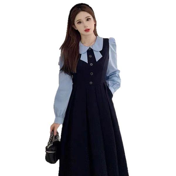 2025 Autumn/Winter College Style Patchwork Doll Collar Waist-Cinched Slimming Skirt