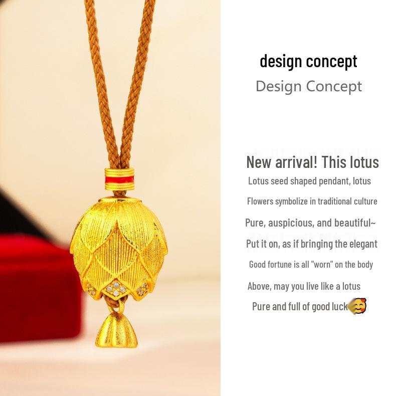 Shop Style Gold Lotus Seed Micro-Pave Brushed Pendant Necklace with Braided Rope – Light Luxury, Simple Design.