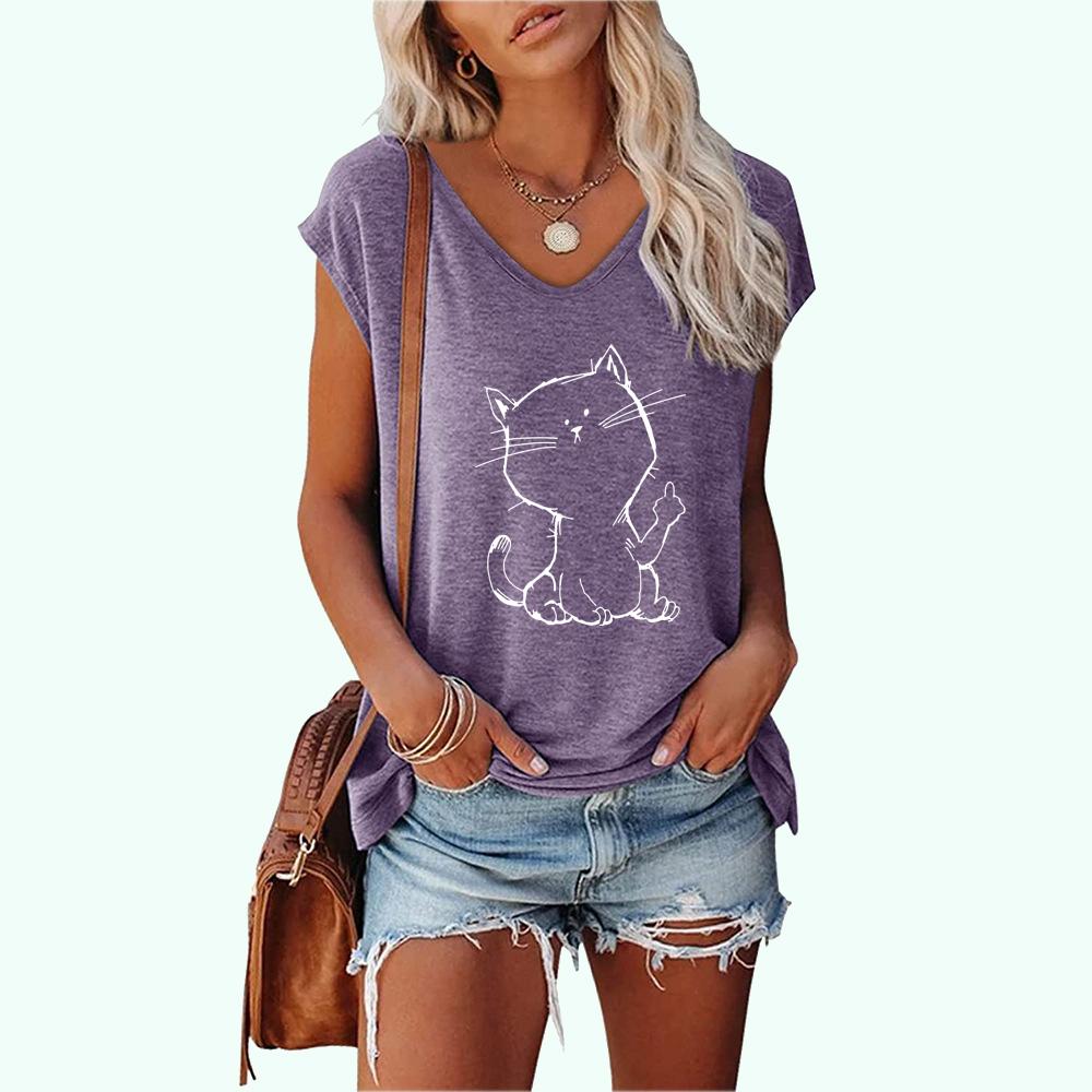 Women Fashion Printed Tee Shirt Summer Casual V Neck Top Shirt Ladies Short Sleeve T-shirt