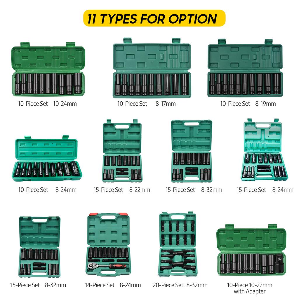 Geevorks 1/2Inch Drive Hex Impact Socket Set 10-Piece Deep Socket Metric Sizes 8-19mm CR-V Material with Storage Box