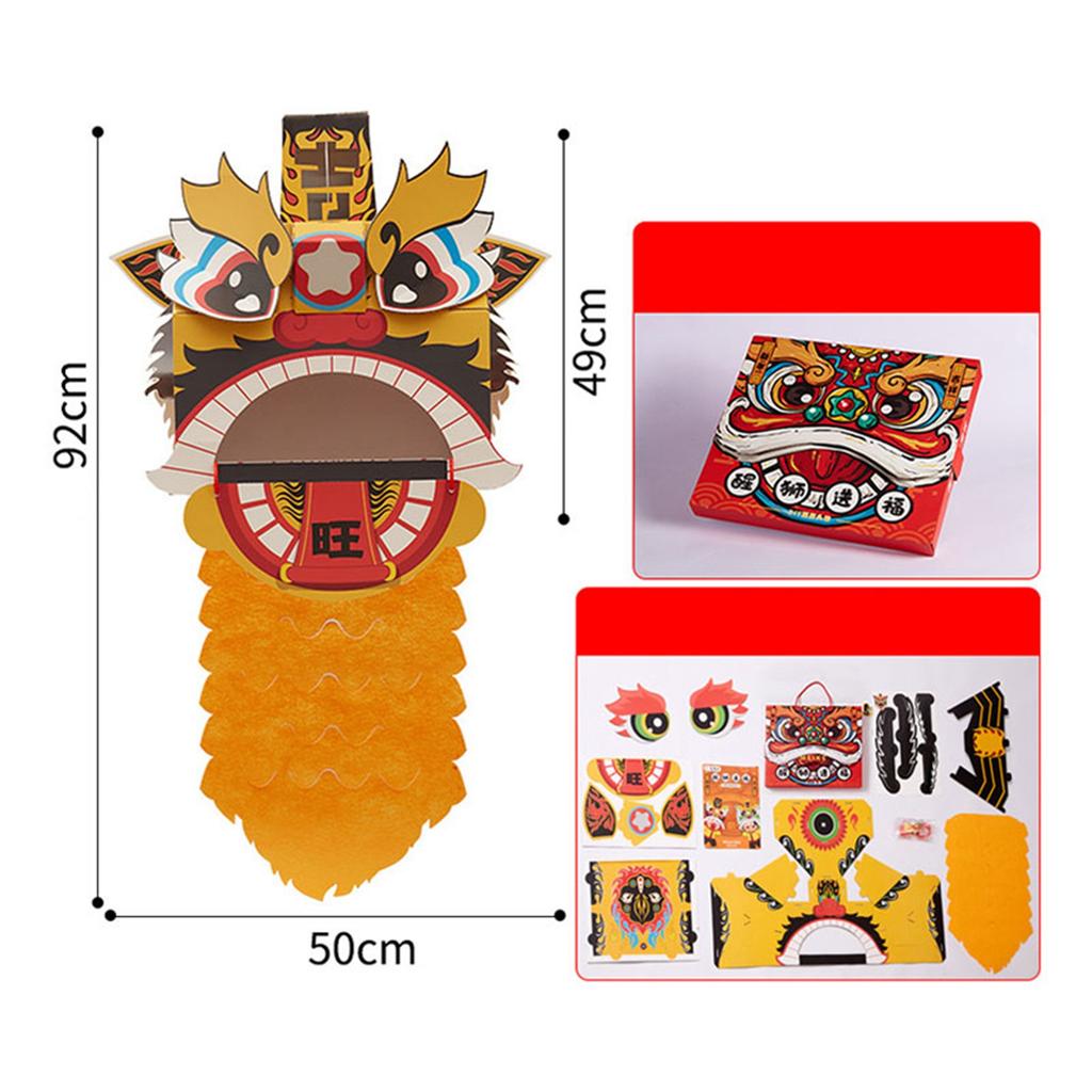 Chinese Lion Dance Head DIY Assembly Interesting Educational Cute Style Paper Decorative Craft Model for Toy Yellow