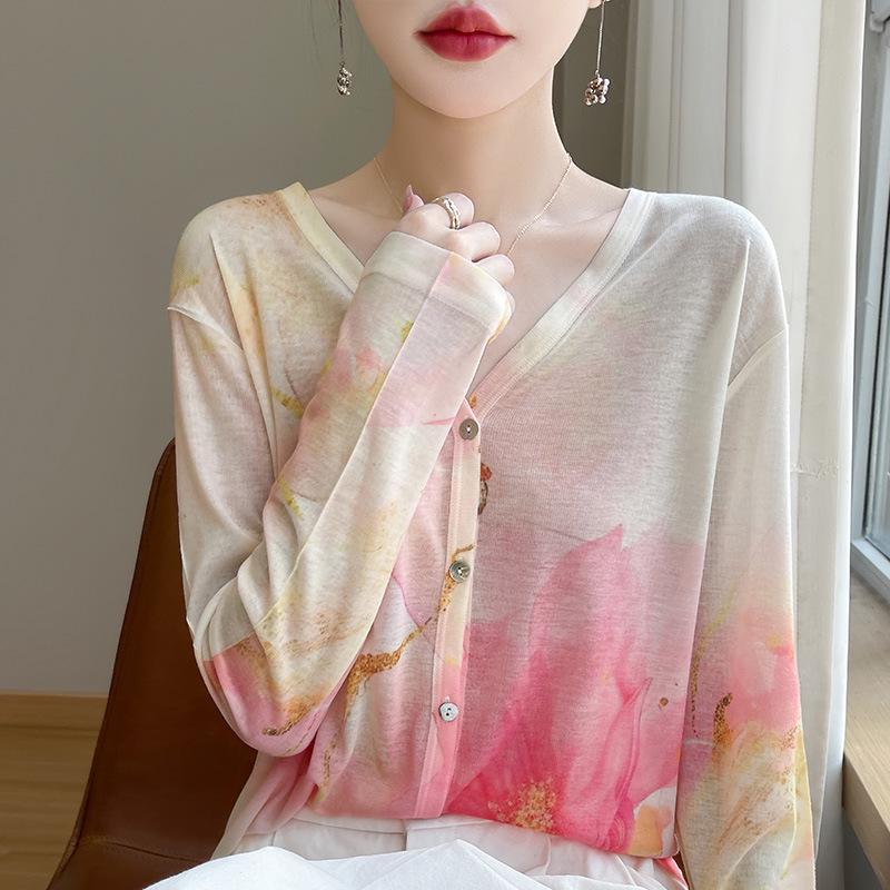 

Водорастворимый кардиган из мягкой шерсти свободного кроя, вязаный топ из тенселя, рубашка с принтом для защиты от солнца L (110-130 cm)