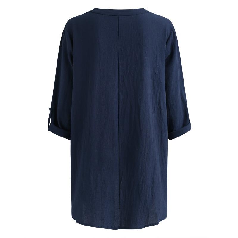 Womens Cotton Linen V Neck Long Sleeve Button Blouse