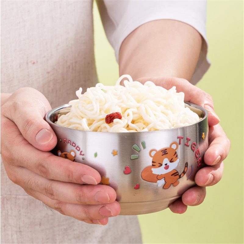 Desene animat Strat dublu Orez Ramen Boluri din oțel inoxidabil pentru copii Terci de tăiței Bol mic Bucătărie Veselă metalică Recipient pentru alimente