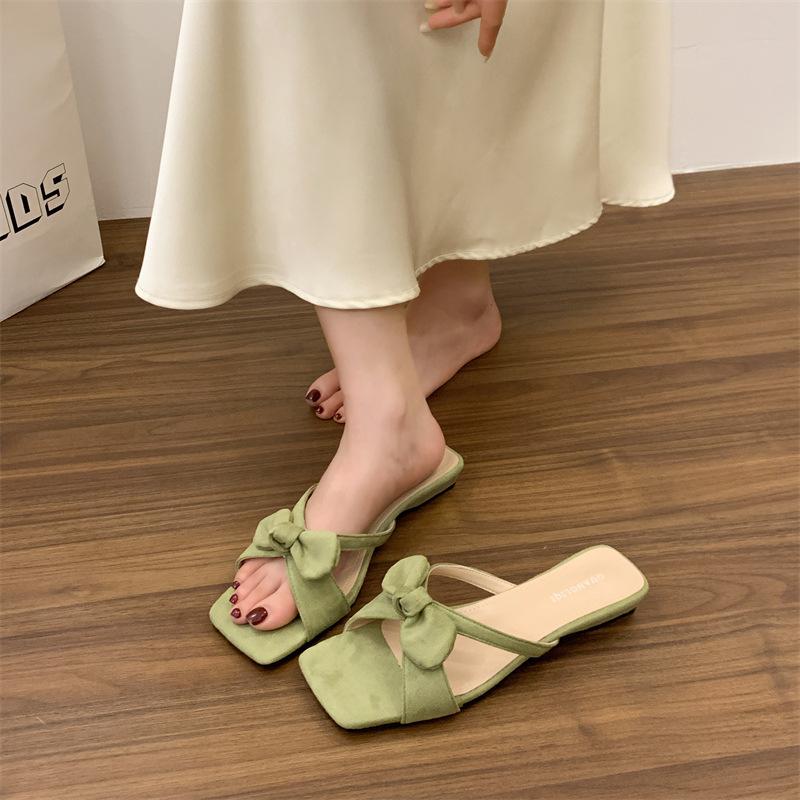 Bow Low Heel One-word Slippers Women's Summer New Square Head Open-toed Temperament Versatile Sandals