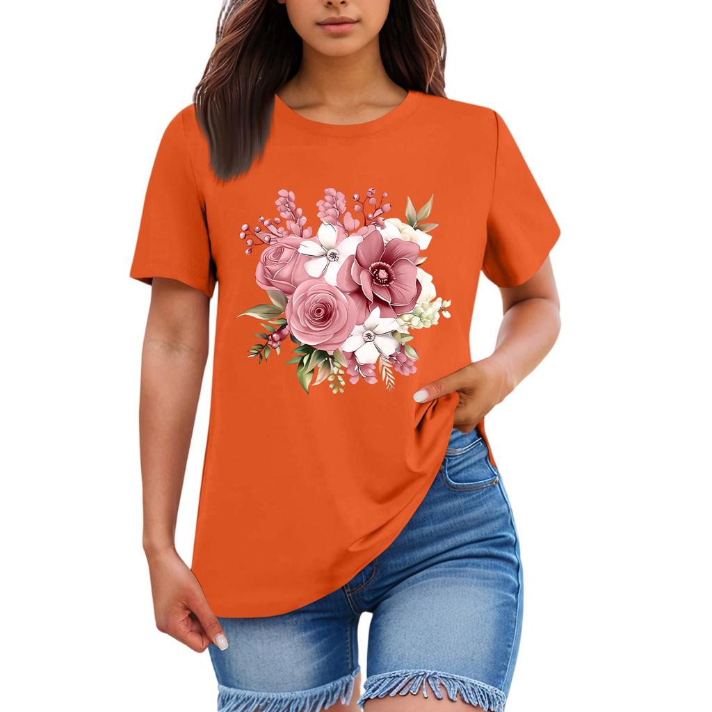 Ladies' Loose Comfortable Casual Fashionable Plant Flower Printed Round Neck Short Sleeved Shirt