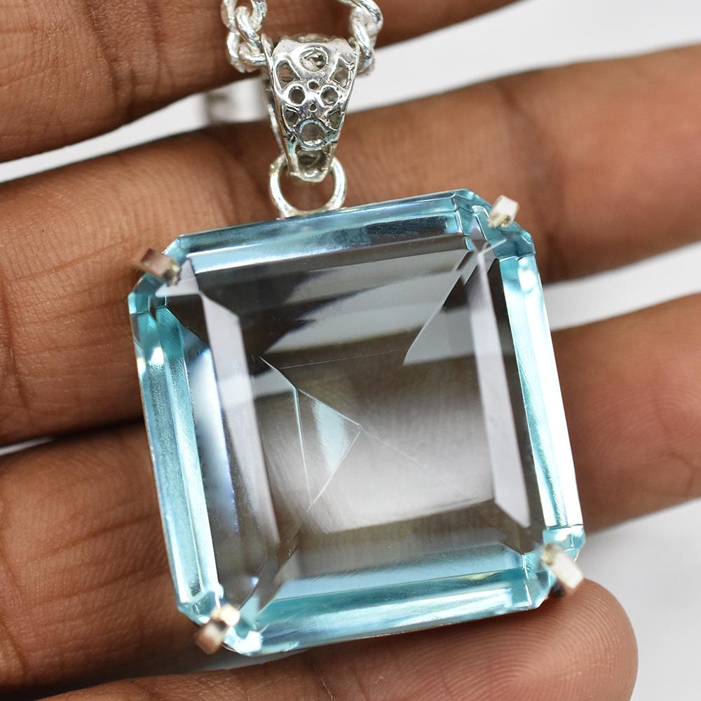 Natural Blue Topaz Pendant 925 Sterling Silver 128 ct Square Cut Gems Gemstone Jewelry Gift