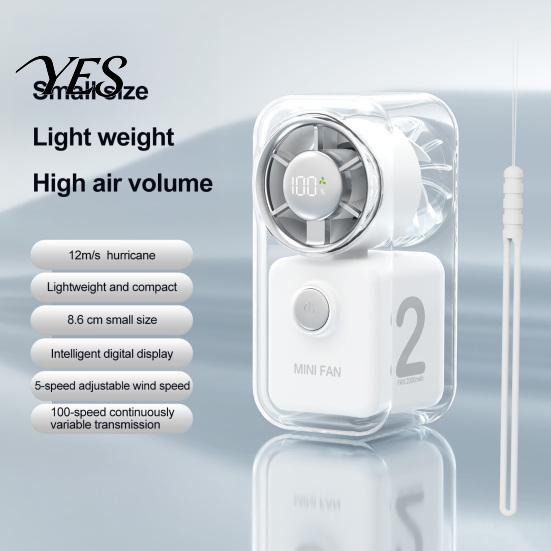 Fast Charging Fan Mini Handheld Fan, Transparent Cyber Portable Small with Digital Power Display Display, 3 Speed USB Rechargeable Pocket for