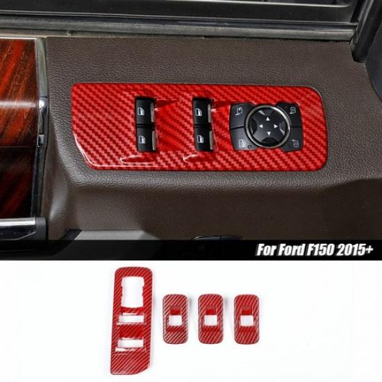 Window Lift Switch Button Panel Cover Trim Red Carbon Fiber For 15-20 Ford F150
