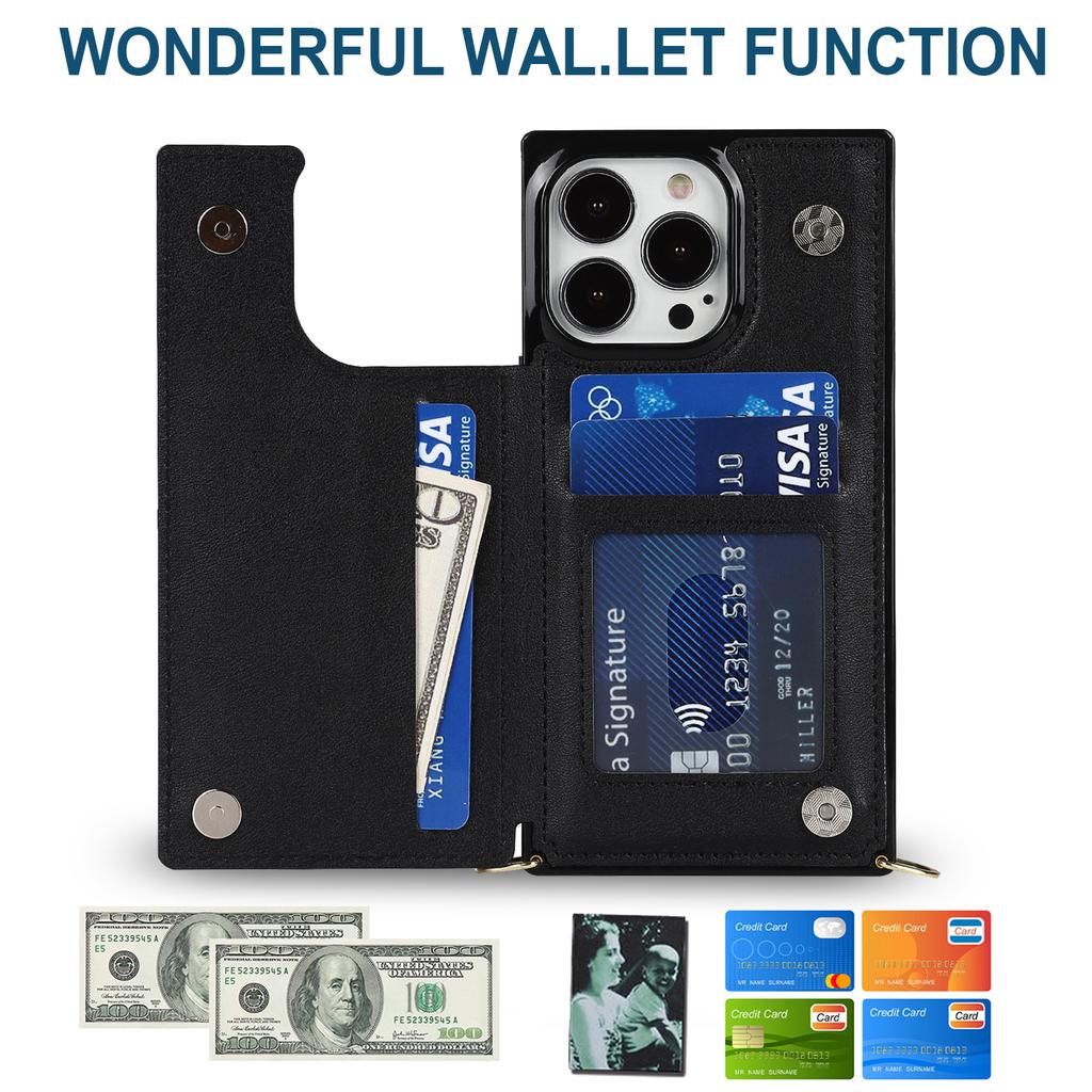 For iPhone 15 Pro Max RFID Blocking Card Holder Kickstand Cover Anti-drop Phone Case with Shoulder Strap