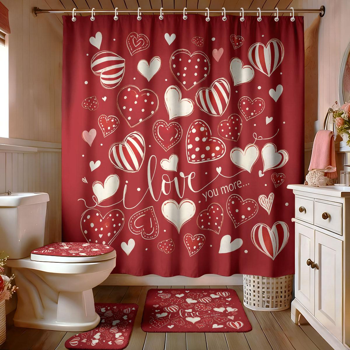 

4pcs Valentine s Day Red Romantic Love Printed Bathroom Set Waterproof Shower Curtain Floor Mat U-shaped Toilet Mat Regular