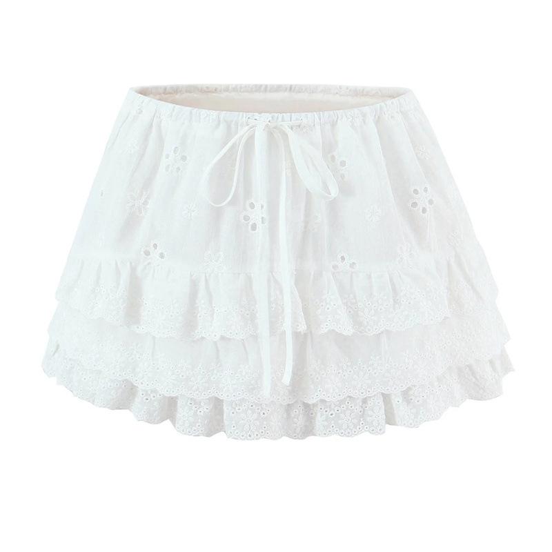 Women's Embroidered Lace Flutter Sleeve Top & Drawstring Cake Skirt Set
