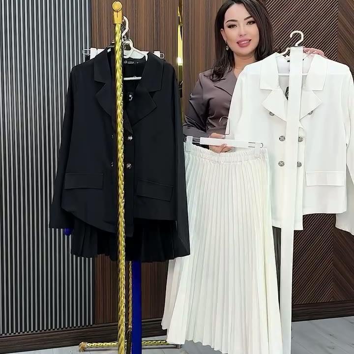 2025 Autumn Collection: Lapel Long Sleeve Belted Suit Jacket & Pleated Midi Skirt Set for European and American Workplace Commute