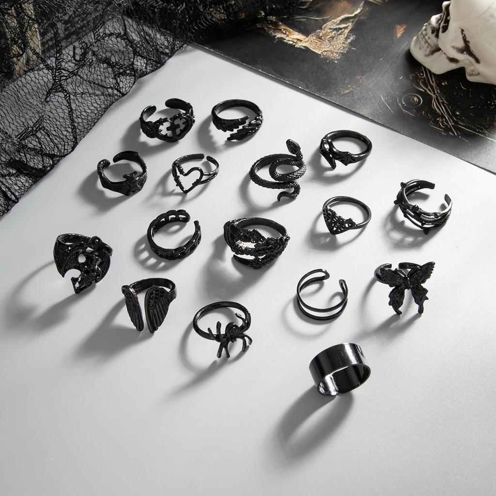 Salircon 16Pcs Gothic Creative Skull Butterfly Spider Rings Women Punk Geometric Black Color Metal Ring Halloween Jewelry Gifts