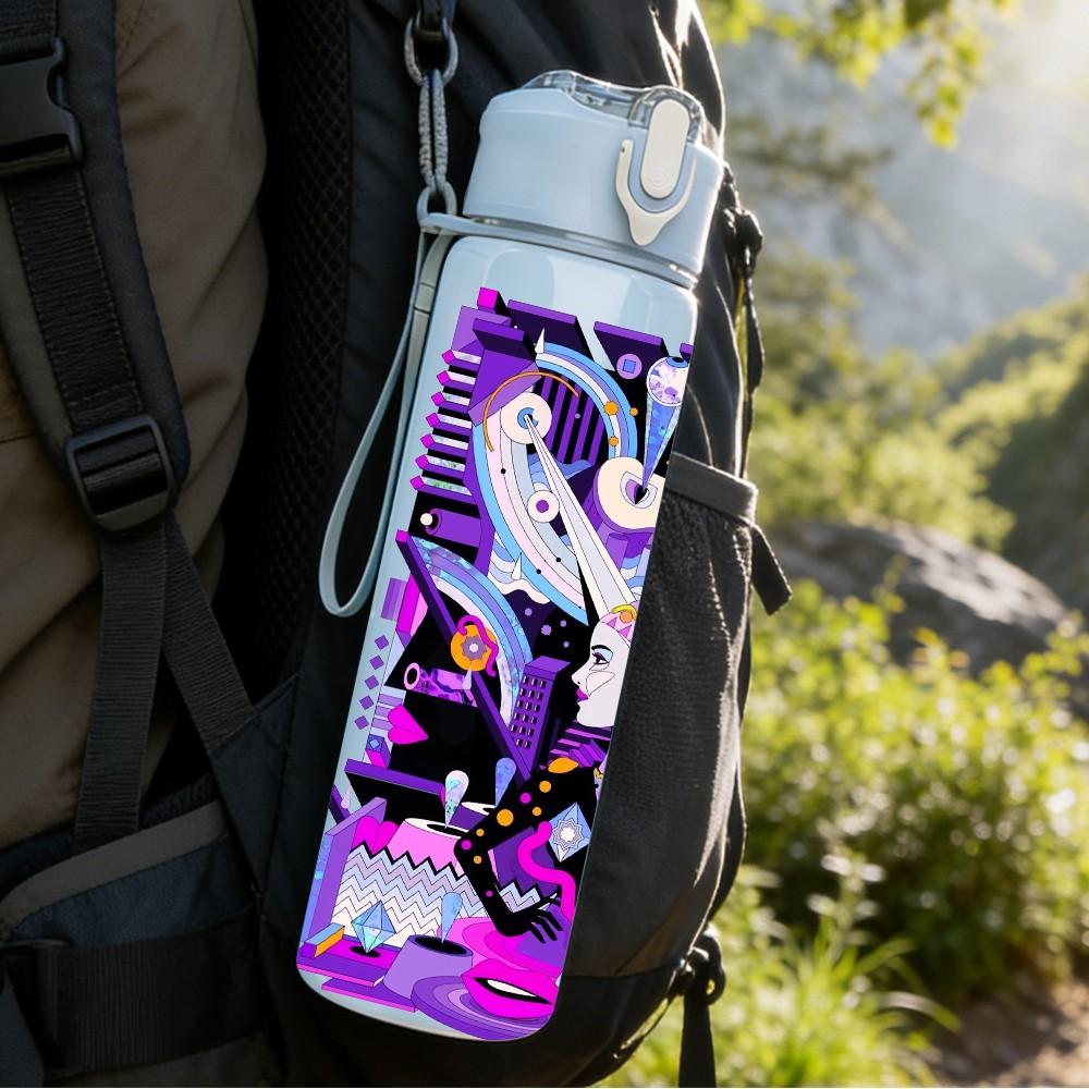 1PC Neon Abstract Cyber Graffiti Art 750ml Color Plastic Sports Water Bottle Leakproof Flip Straw Lid Suitable for Sports Office Home Use
