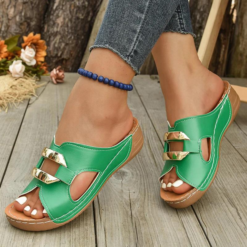 Metal Decoration Platform Slippers for Women 2025 Summer Lightweight Wedge Sandals Woman Plus Size Comfort Non Slip Beach Slides
