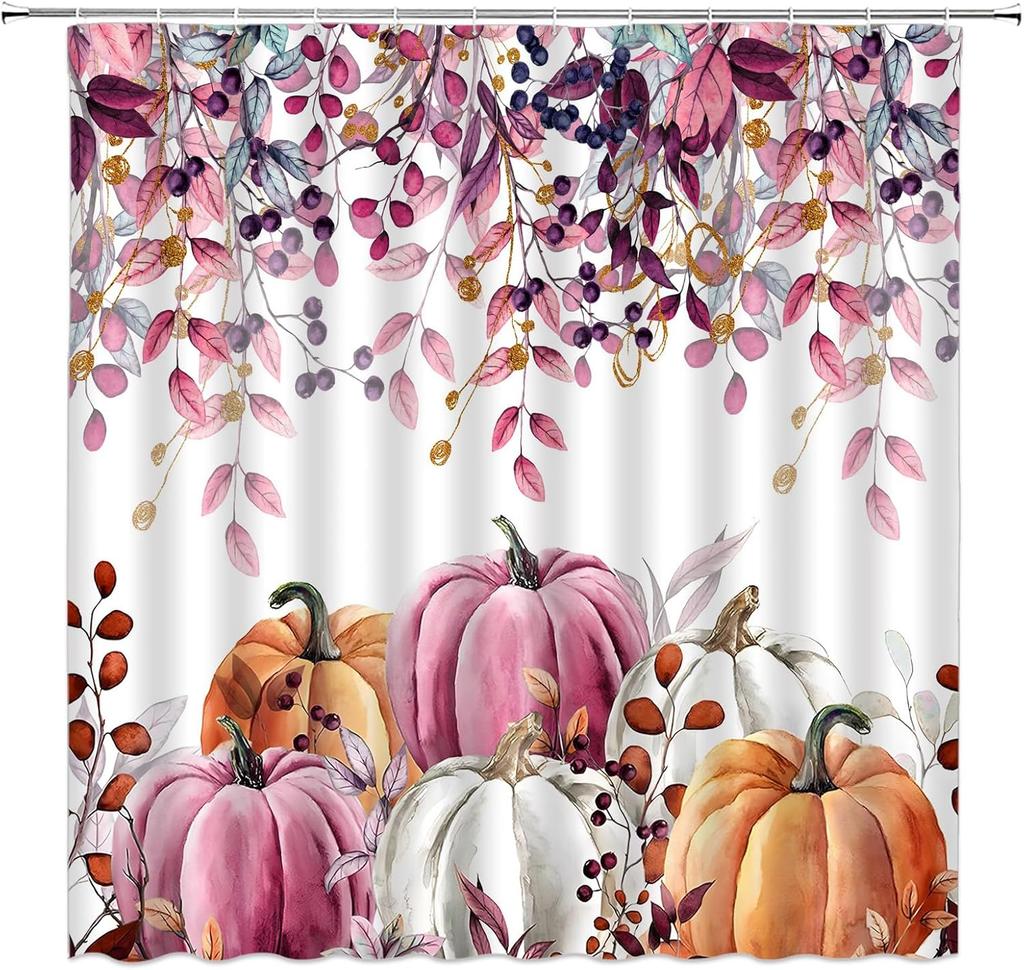 Dzięki dyniom na Święto Dziękczynienia Zasłona prysznicowa Akwarelowe liście Kolorowa dynia Żniwa Jesień Jesień Tkanina Dekoracyjne zasłony łazienkowe