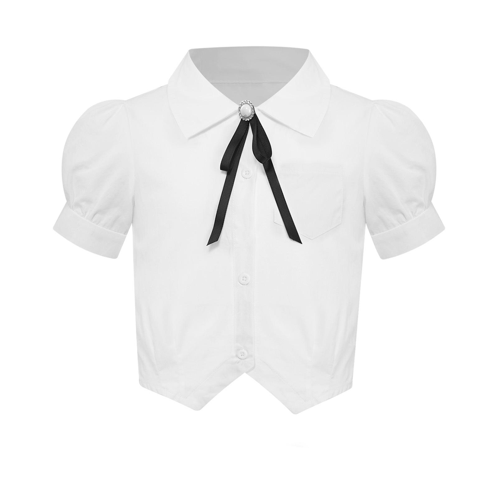 

Дитяча Мила Блузка з Коротким Рукавом Однотонна З Відкладним Коміром Бант Ґудзики Топ Повсякденний Одяг 5-6 Years