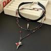 Punk Dark Black Cross Stars Pendant Necklace for Women Men Hiphop Cool Red Crystal Leather Choker Necklace Party Jewelry Gifts