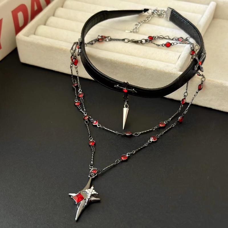 Punk Dark Black Cross Stars Pendant Necklace for Women Men Hiphop Cool Red Crystal Leather Choker Necklace Party Jewelry Gifts