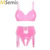 Womens Wet Look Patent Leather Lingerie Set Wire-free No Pad Bra Top High Waist Open Crotch Thong with Garter Clips for Clubwear