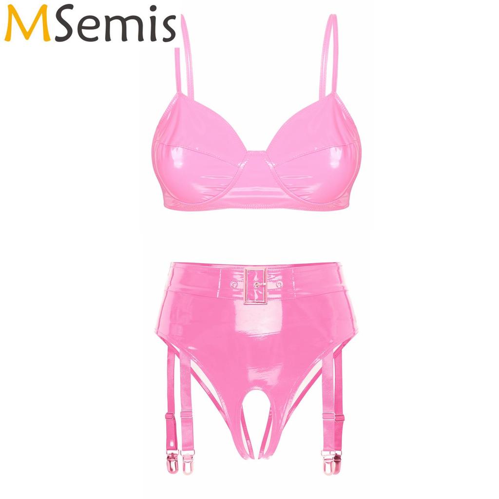 Womens Wet Look Patent Leather Lingerie Set Wire-free No Pad Bra Top High Waist Open Crotch Thong with Garter Clips for Clubwear