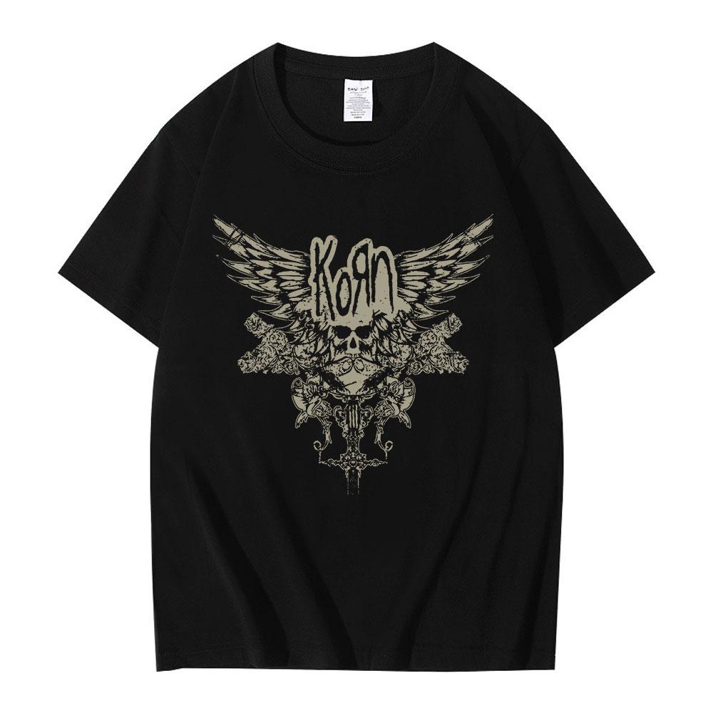

Korn Skull Wings Girls Juniors Black T-Shirt Metal Gothic Rock Band Футболки Чоловіки Жінки Vintage Oversize T-Shirt Топи Вуличний одяг 5XL різнокольоровий