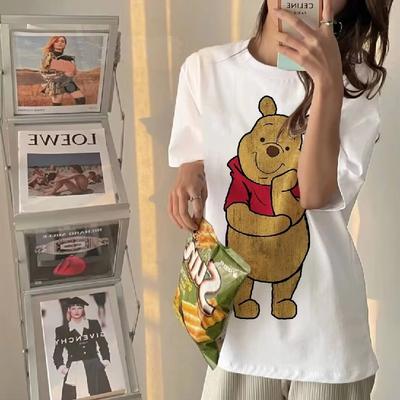 Summer Winnie the Pooh Tshirt Yk Winnie Hat Printed Cotton Printed Tshirt Womens Loose Disney Tshirt