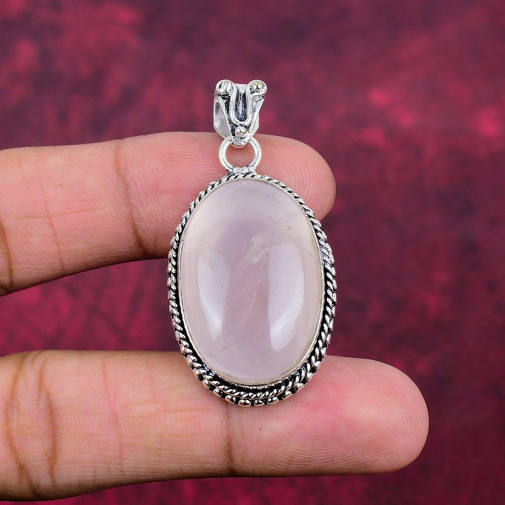 Wisiorek z różowego kwarcu, ręcznie robiony, najnowszy projekt biżuterii, 925 solidny wisiorek z kamieniem szlachetnym, prezent dla matki