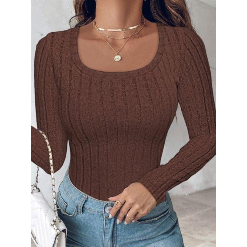 Autumn New European and American Amazon Fashion Solid round Neck Temperament Slim fit Long sleeves Shirt Top Bottoming Shirt Multi-Color
