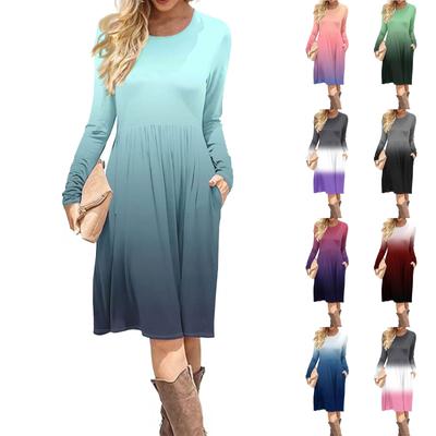 Kadın Degrade Payetler Baskılı Günlük Elbise İlkbahar Sonbahar Cep Yuvarlak Yaka Uzun Kollu Elbiseler