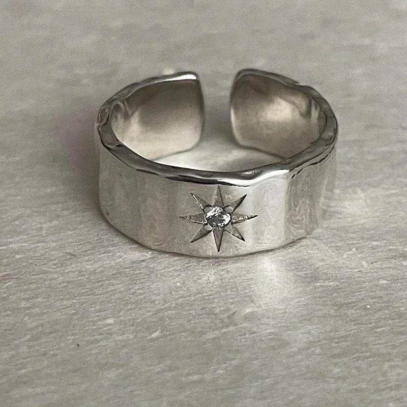 925 Silver Star Open Ring Y2K Couple Zircon Jewelry Wide Retro Finger Rings for Women Men Lovers Gift