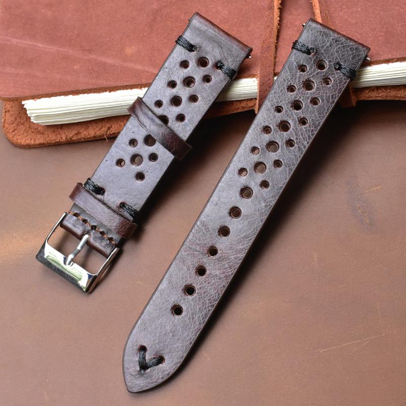 Porous Leather Watch Band 19mm 20mm 22mm 24mm Breathable Watch Strap Handmade Stitching Quick Release Watchbands Black Brown Red