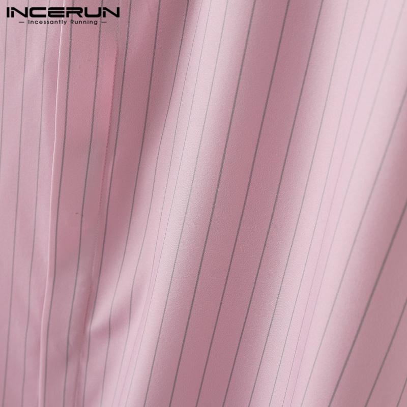 INCERUN Men Collarless Short Sleeve Striped Print Casual Office Shirts Tops