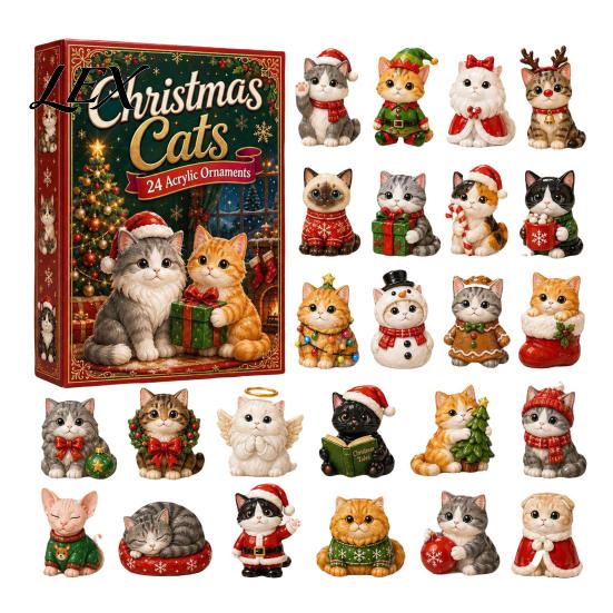 Decorative Christmas Accents Cat Advent Calendar, 24 Day Countdown with Cute Ornaments, Calendar for Boys 2D Acrylic Kitty Holiday Decorations,